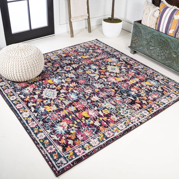 JONATHAN Y MODERN PERSIAN 5' Square Area Rug, Boho Floral - Multi/Purple, MDP200A-5SQ