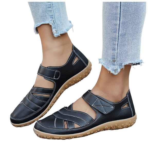 Rokment Women's Fisherman Walking Sandals Comfortable Casual Leather Hollow out Closed Toe Non Slip Orthopedic Arch Support Strappy Work Dress Shoes for Beach Spring Summer Black Size 6