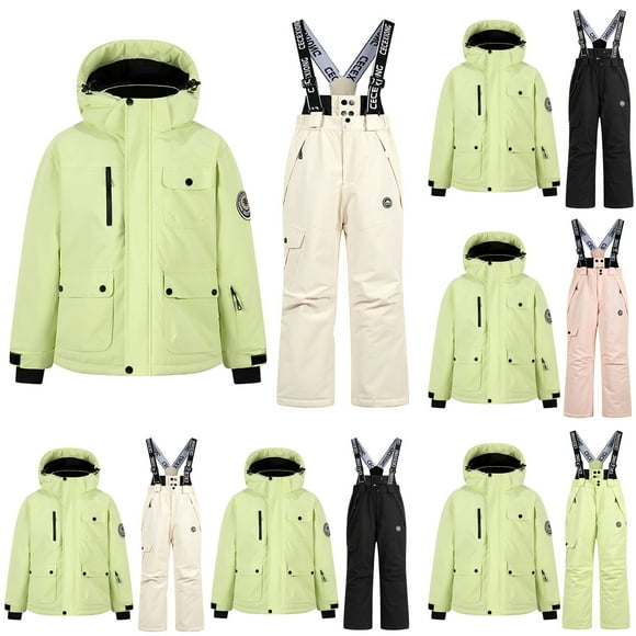 Oksale 2 PC Insulated Snow Suits for Kid Winter Thermal Ski Suit Waterproof Hooded Puffer Jackets Snow Pants for Active Outdoor Snowboarding Beige 5-6Years