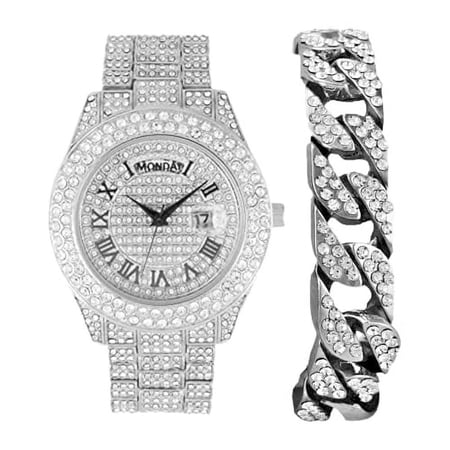 CHARLES RAYMOND Big Rocks Fully Iced Out Diamond Mens Watch w/Easy Read Date & Day - Designer Hip Hop Blinged Out Timepiece - ST10535 (ST10536-RN Silver -C)