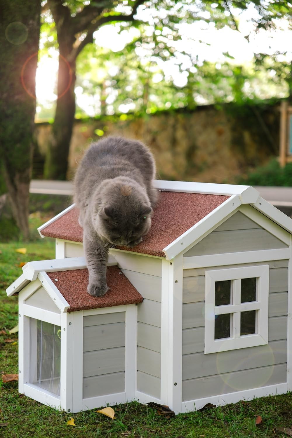 Outdoor Cat House Feral Cat Enclosure for Winter Double Rooms Weatherproof with Openable Roof