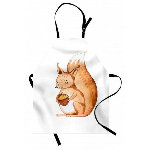 Squirrel Apron, Hand-drawn Style Portrait of Forest Animal Holding an Acorn, Unisex Kitchen Bib with Adjustable Neck for Cooking Gardening, Adult Size, Ginger Pale Brown, by Ambesonne