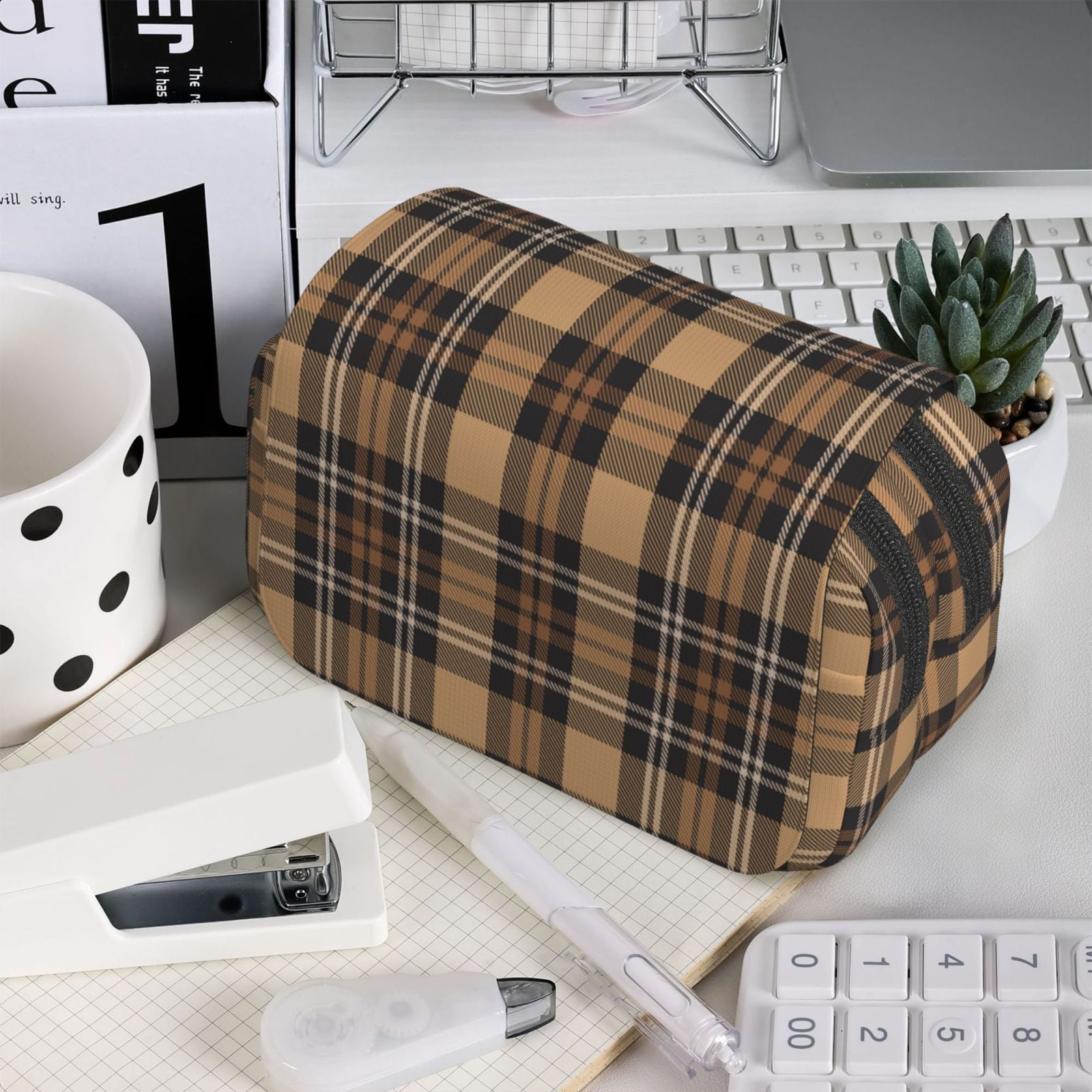 Rateoe khaki coffee plaid Pattern Double Clamshell Pen Case, Storage Organizer with Two Zipper Compartments– Holds Up to 50 Pencils & Pens