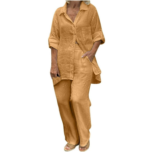 Ersazi Womens Fall Clothes Two Piece Outfit Sets Solid Color Cotton Linen Long Sleeve Lapel Solid Color Tops Shirt Loose Long Pants Suit Sweatshirt On Clearance Khaki L