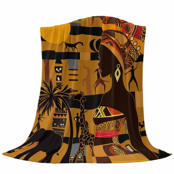 African Woman Throw Flannel Blanket Giraffe Elephant Brown Silhouette Ethnic Style Super Soft Cozy Bed Blanket, Lightweight Plush Fuzzy Bed Throw for Bedroom Sofa Couch Living Room 40x50In,
