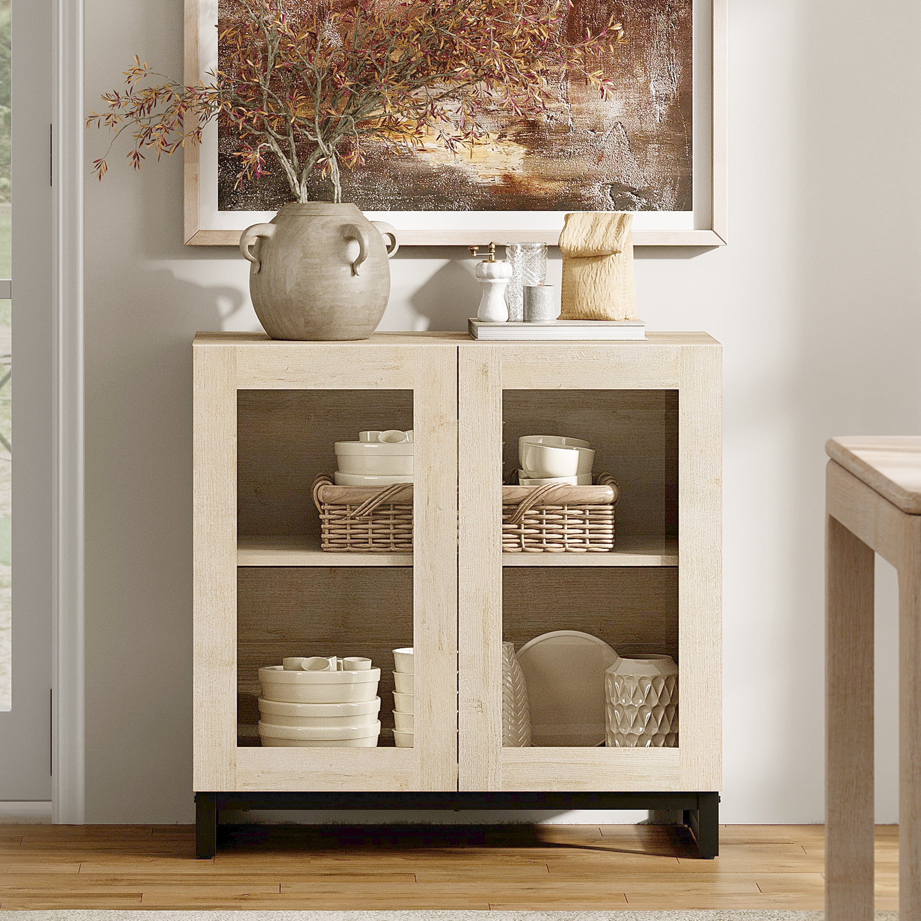 Modern Sideboard Buffet Cabinet with Glass Doors and Adjustable Shelf Coffee Bar Storage Cabinet for Living Room Kitchen,Beige