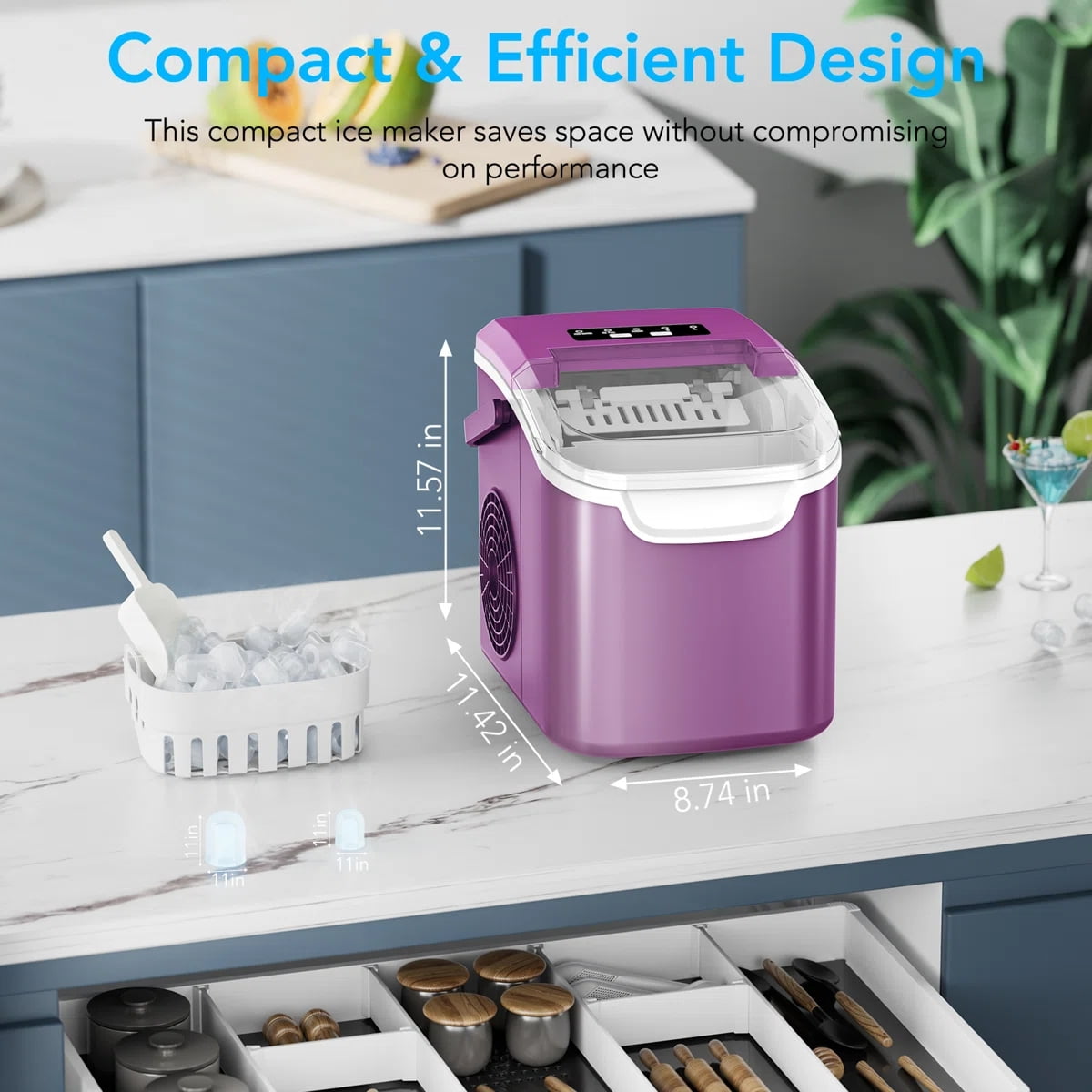 KNDKO Efficient Portable Countertop Ice Maker: Quick 8-Cube In 6 Mins, Up To 26Lb/Day, 2 Ice Sizes, Perfect For Home/Party/Travel Purple