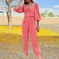 thumbnail image 4 of Women's Fall Casual 2 Piece Outfits Solid Color Long Sleeve Square Neck Ruched Crop Tops High Waist Capri Pants Sets, 4 of 7