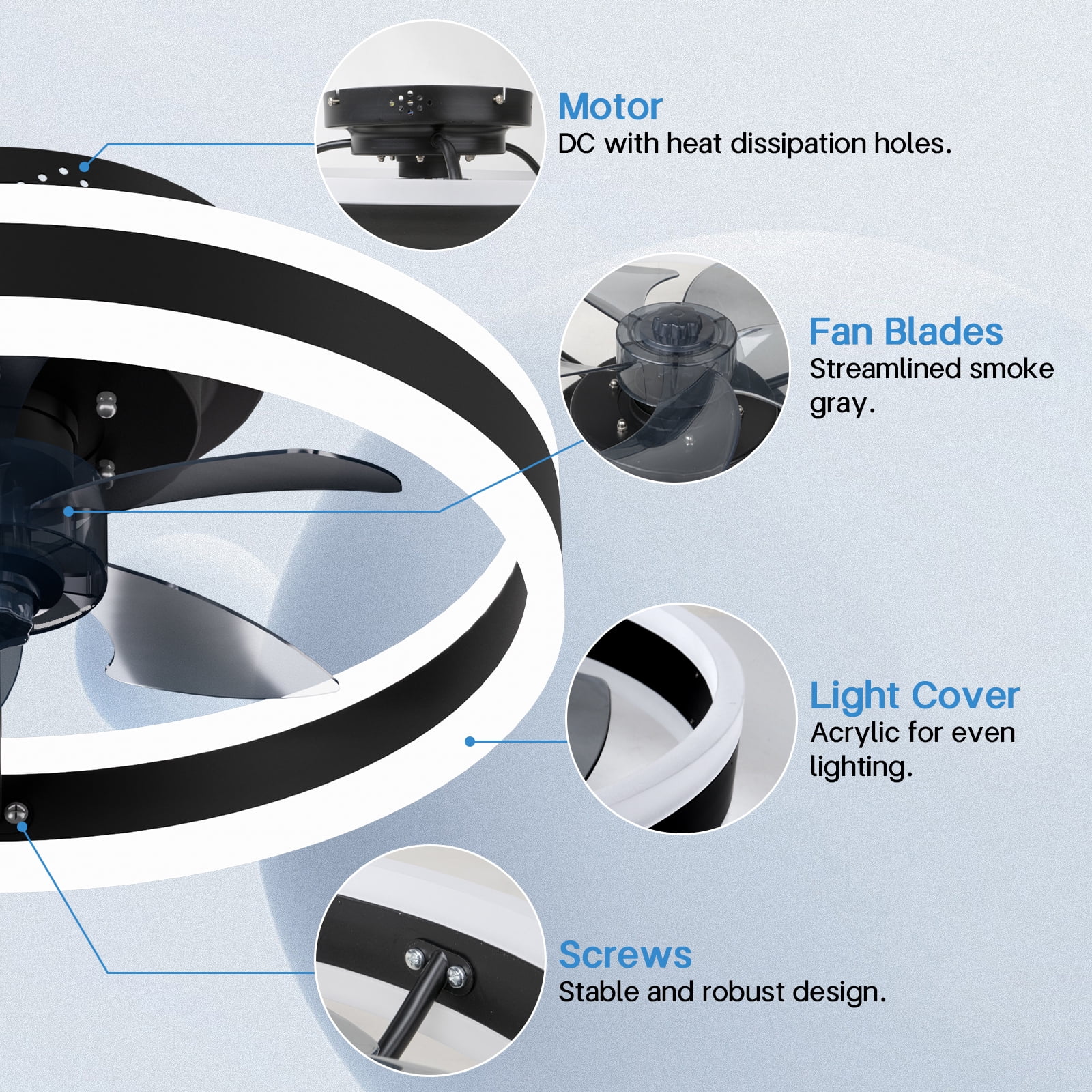 Surnie Low Profile 15.7" LED Small Ceiling Fan with Light - Modern, Semi-Enclosed Flush Mount, Smart APP & Remote Control, 6-Speeds, Black - Perfect for Bedroom and Living Room, 2 Pack