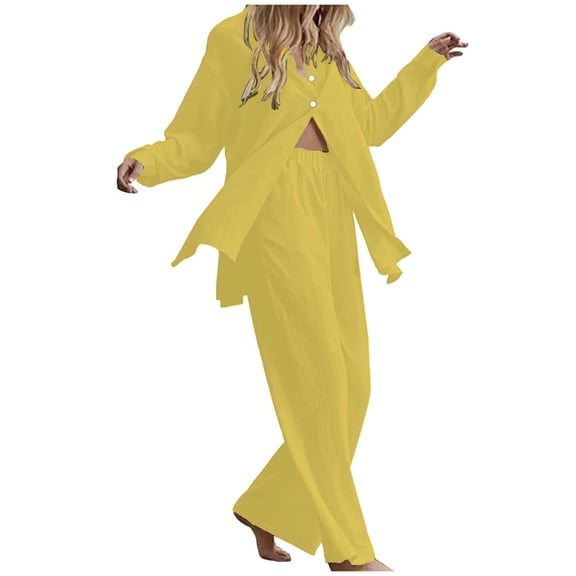 Wangmeiwg Women's Pajama Sets Stylish Women's Long Sleeve Collar Shirt and Elastic Waist Pants Set for Comfortable Sleep and Casual Outings XL Yellow