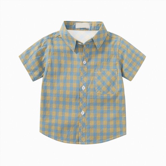 WUANDIXFA Boys Button Down Shirt Boys Western Snap Shirt Short Sleeve Plaid Button Down Shirt Cowboy Snap Button Closure,Light Yellow,1-2 Years