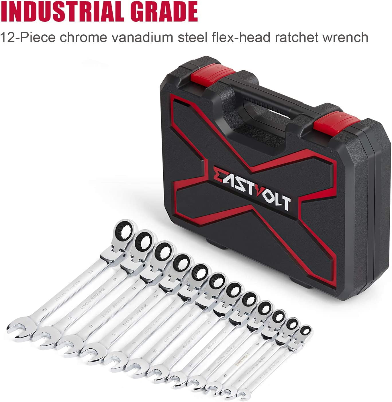 Eastvolt 12 Pieces Flex Head Ratcheting Wrench Set, Metric 8mm-19mm, Combination Ended Spanner kits, Chrome Vanadium Steel with Toolbox