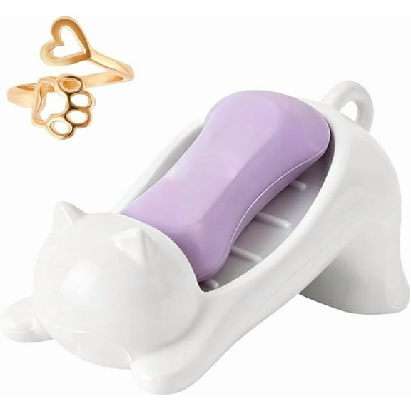Self Draining Cat Soap Dish, Cute Animal Shaped Soap Holder with Drainage Holes, Non-Slip Soaps Tray for Bathroom Sink, Shower, Kitchen, Counter, Decorative & Easy to Clean(1pc)