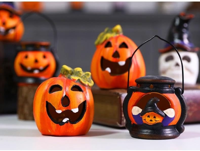Set of 4 Light Up Ceramic Pumpkin Skull Figurines for Halloween Table Decor