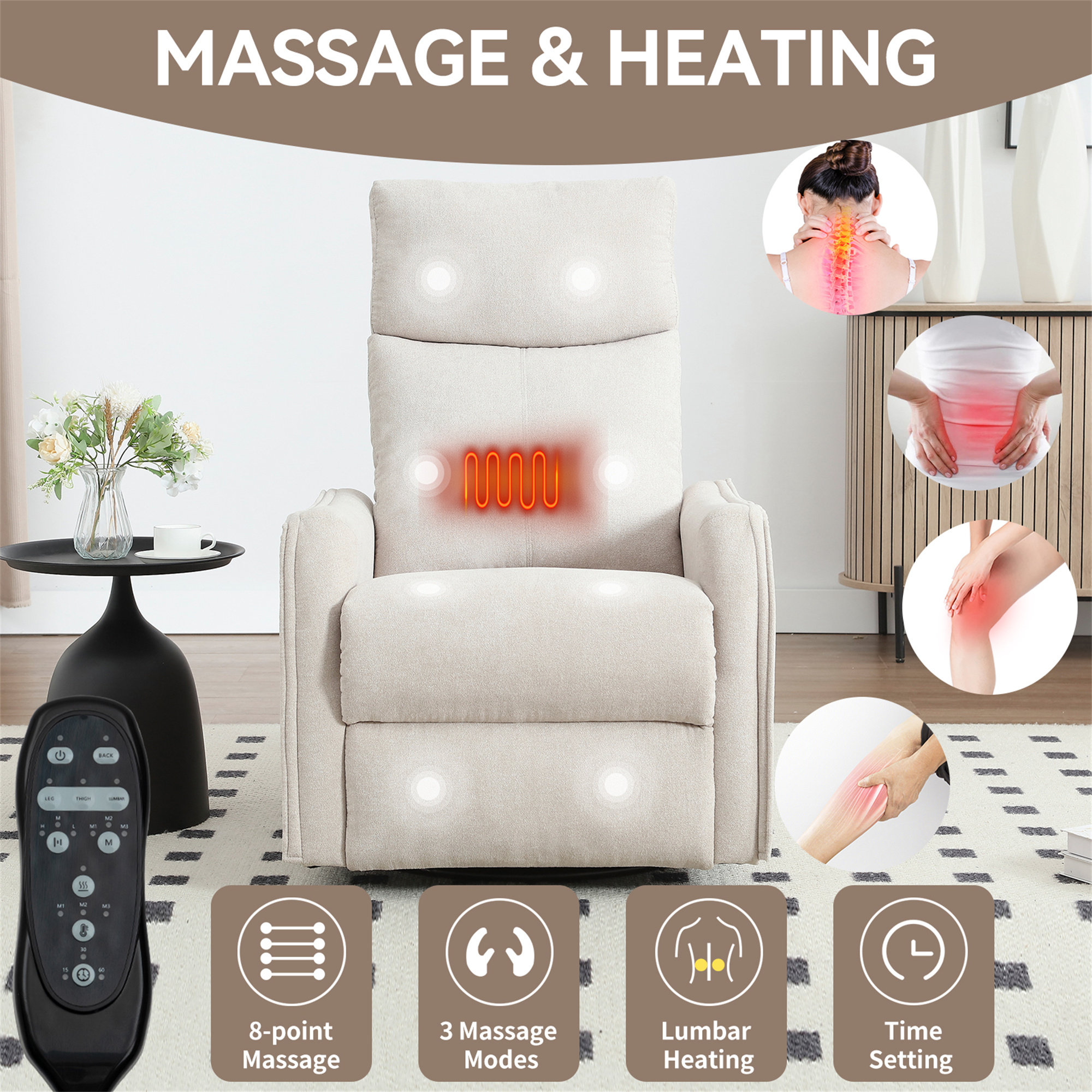 Aukfa Swivel Rocker Recliner Glider Chair with Heat & Massage for Adults, Living Room, Beige