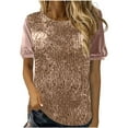 thumbnail image 2 of Summer Savings Clearance 2025! TAGOLD Womnes Plus Size Tops,Women's New Solid Color Sequined Velvet Patchwork Round Neck Short Sleeved T-shirt, 2 of 5