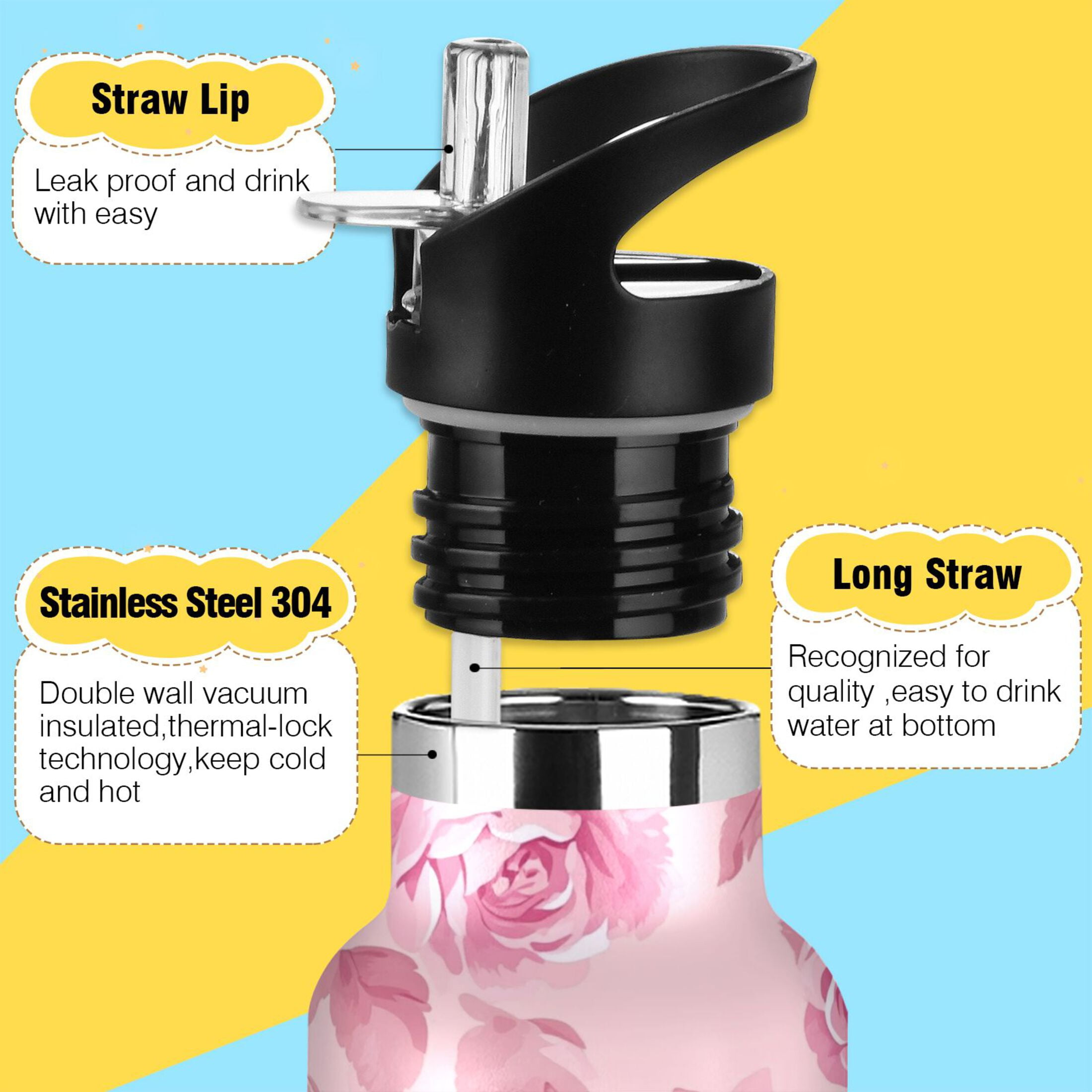 600ML Stainless Steel Insulated Cup Sports Water Bottle Portable Thermos Cup Water Glasses Insulated Tumblers Convenient and Durable Charming Pink Roses