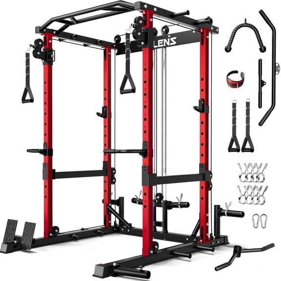 Squat Rack for Home Gym, 2000LBS Power Rack with Adjustable Pulley System, Power Cage Workout Equipment with LAT Pulldown and Training Attachment