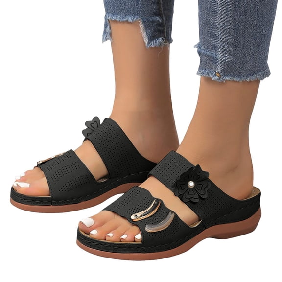 Women's Wedge Orthopedic Slip on Sandals Boho Flower Peep Toe Low Heel Dress Slides Slippers for Women 2025