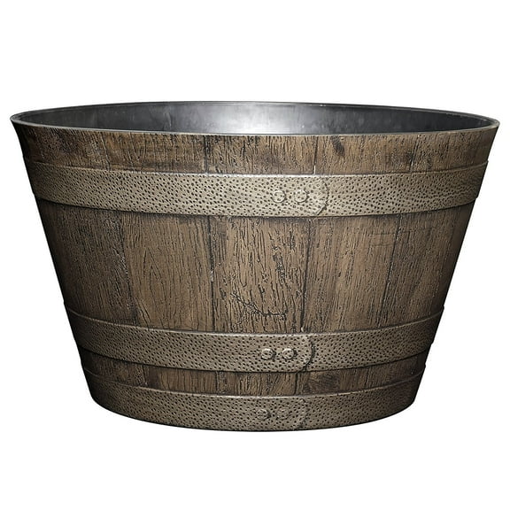 Classic Home and Garden Outdoor Round Whiskey Resin Flower Pot Barrel Planter, Distressed Oak Brown, 20.5"
