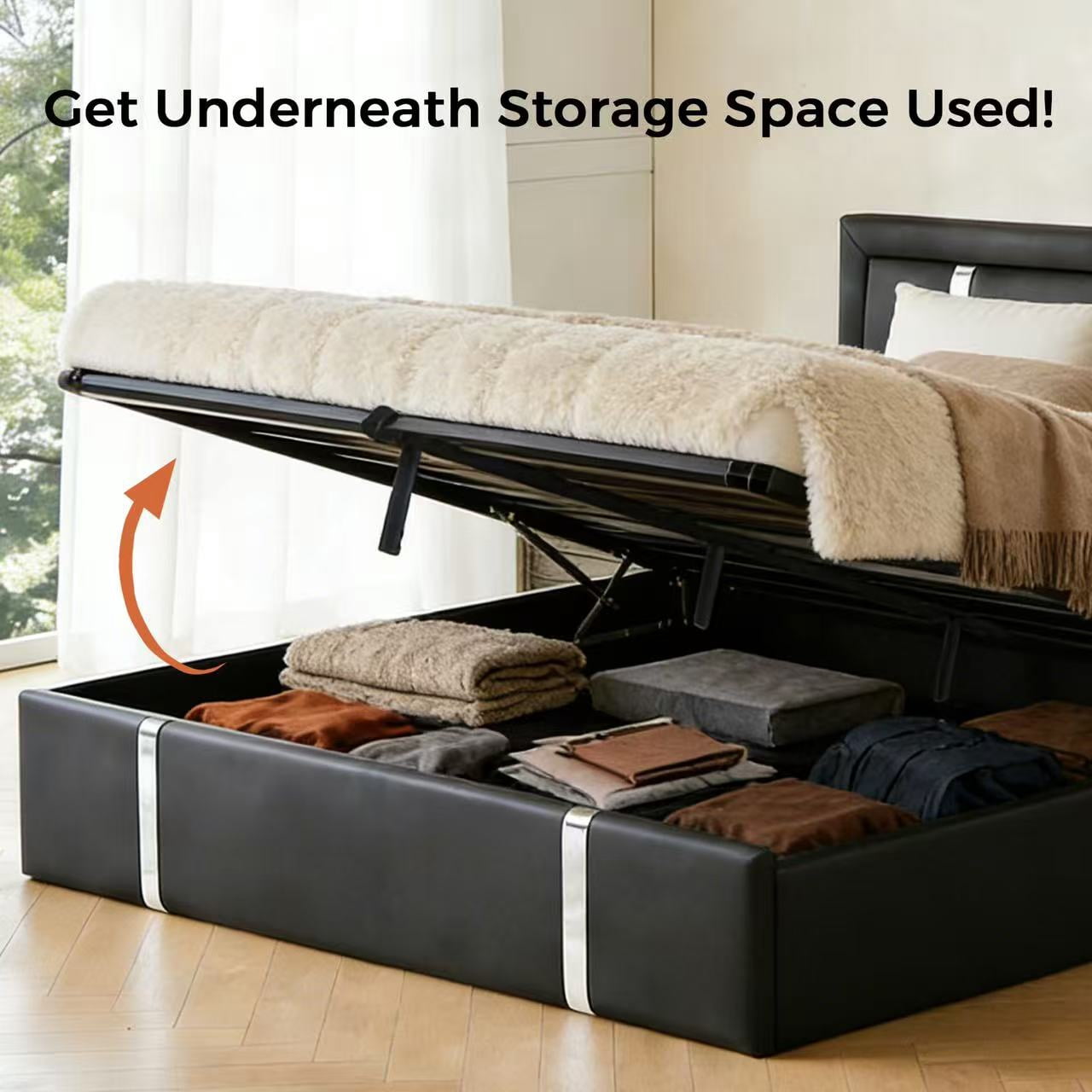 Mintazer Full Lift Up Storage Bed Frame with LED Lights & Charging Station, Upholstered Platform Bed with Adjustable Headboard for Bedroom, Black