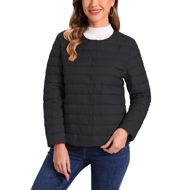 Chaqueta acolchada ligera para mujer Inspire Chic, con botones, empacable, de manga larga, color negro
