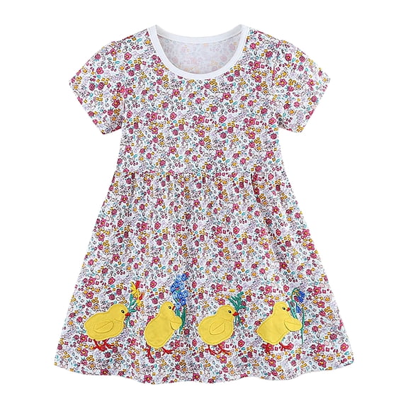 Girls' Dresses Crew Neck Short Sleeve Graphic Print Loose Ruched Dress for Birthday Parties Girls Spring Dress Purple 18 Months-24 Months