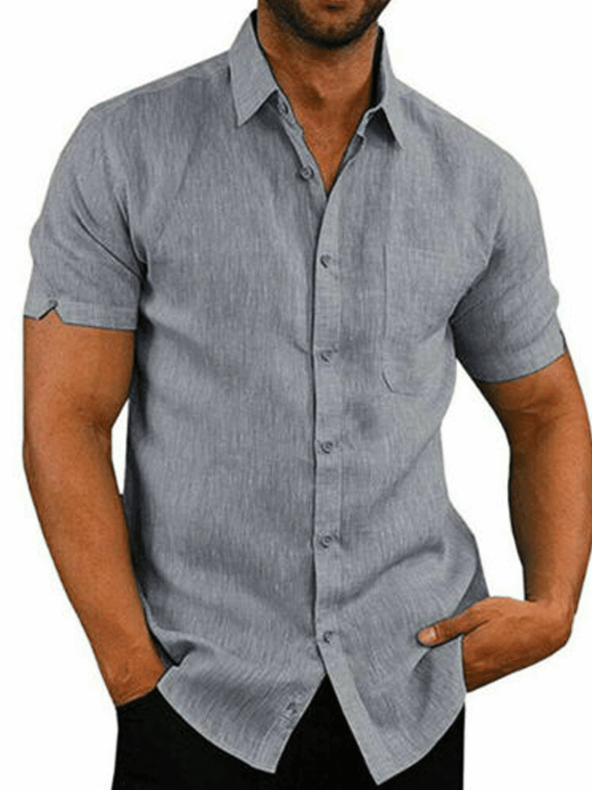 Benficial Mens Cotton Solid Color Turn Down Collar Chest Pocket Loose Casual Shirts 2019 Summer Benficial Mens Cotton Solid Color Turn Down Collar Chest Pocket Loose Casual Shirts 2019 Summer