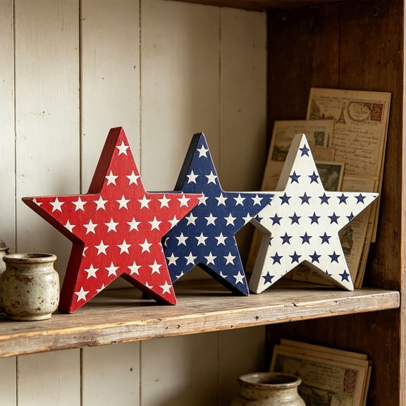 3Pcs Wooden Star Decor Set, Red White Blue Patriotic Craft, Desktop Ornament Collection, Mini Figurine for Home Office Table Shelf Layout