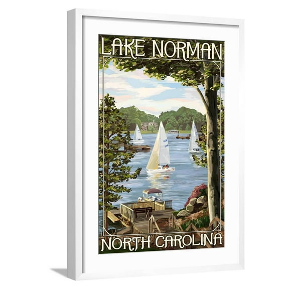 Art.com Lake Norman, North Carolina - Lake View with Sailboats Art Print by Lantern Press, White Frame Wall Art, 21" x 29"