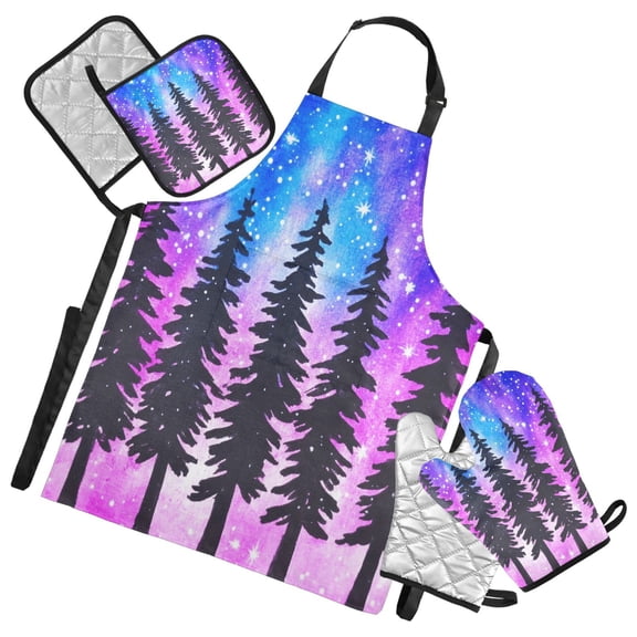 5 Pcs Kitchen Set Heat Resistant Oven Mitts and Non-Slip Pot Holders with Adjustable Cooking Apron Trees under The Starry Sky