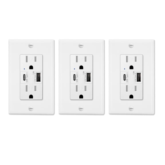 USB Type C Wall Outlet, ‎GREENCYCLE Dual High Speed Duplex Receptacle 15 Amp, 5.8A USB C &A Charging, Tamper Resistant Wall Plate Included UL Listed, Not for laptops, 3 pack