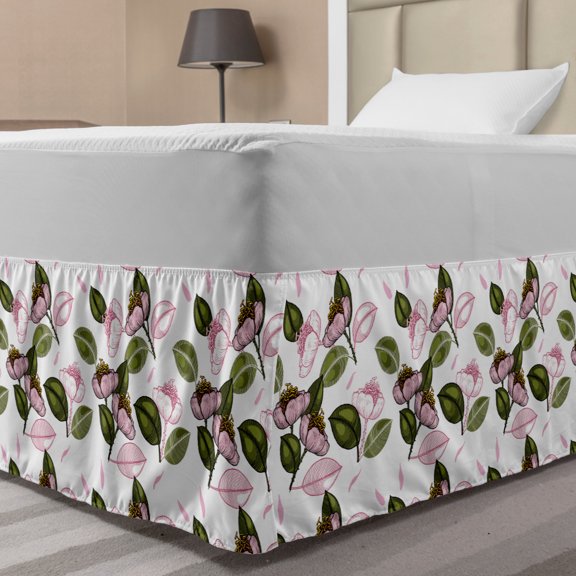 Hawaii Bed Skirt, Hand Drawn Retro Flowers and Leaves on Plain Background, Elastic Bedskirt Dust Ruffle Wrap Around for Bedding Decor, 4 Sizes, Dried Rose Olive Green, by Ambesonne