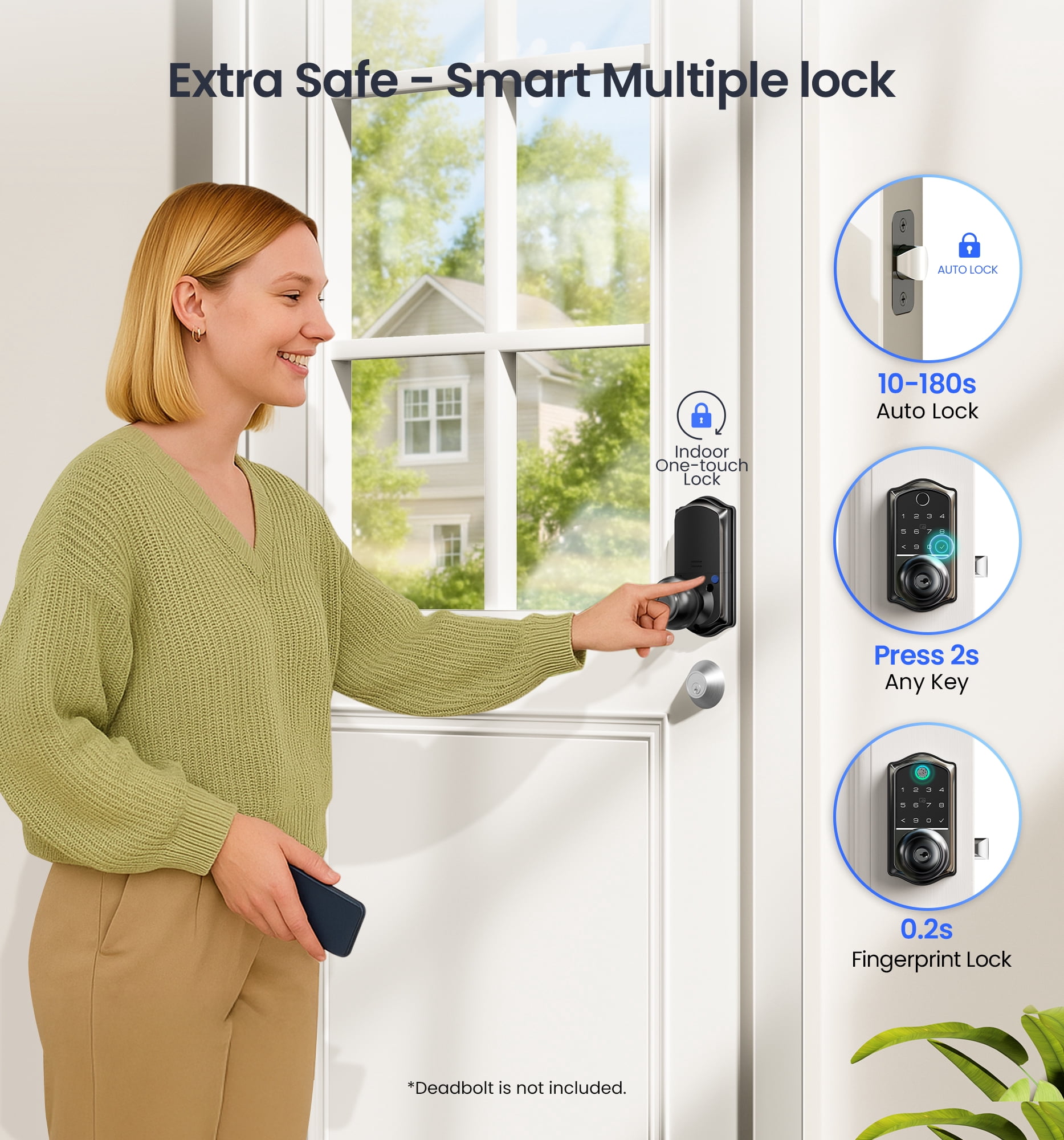 Veise Fingerprint Smart Knob Handle Lock, Keyless Entry, App Control, Electronic Digital Keypad, Auto Lock, Matte Black