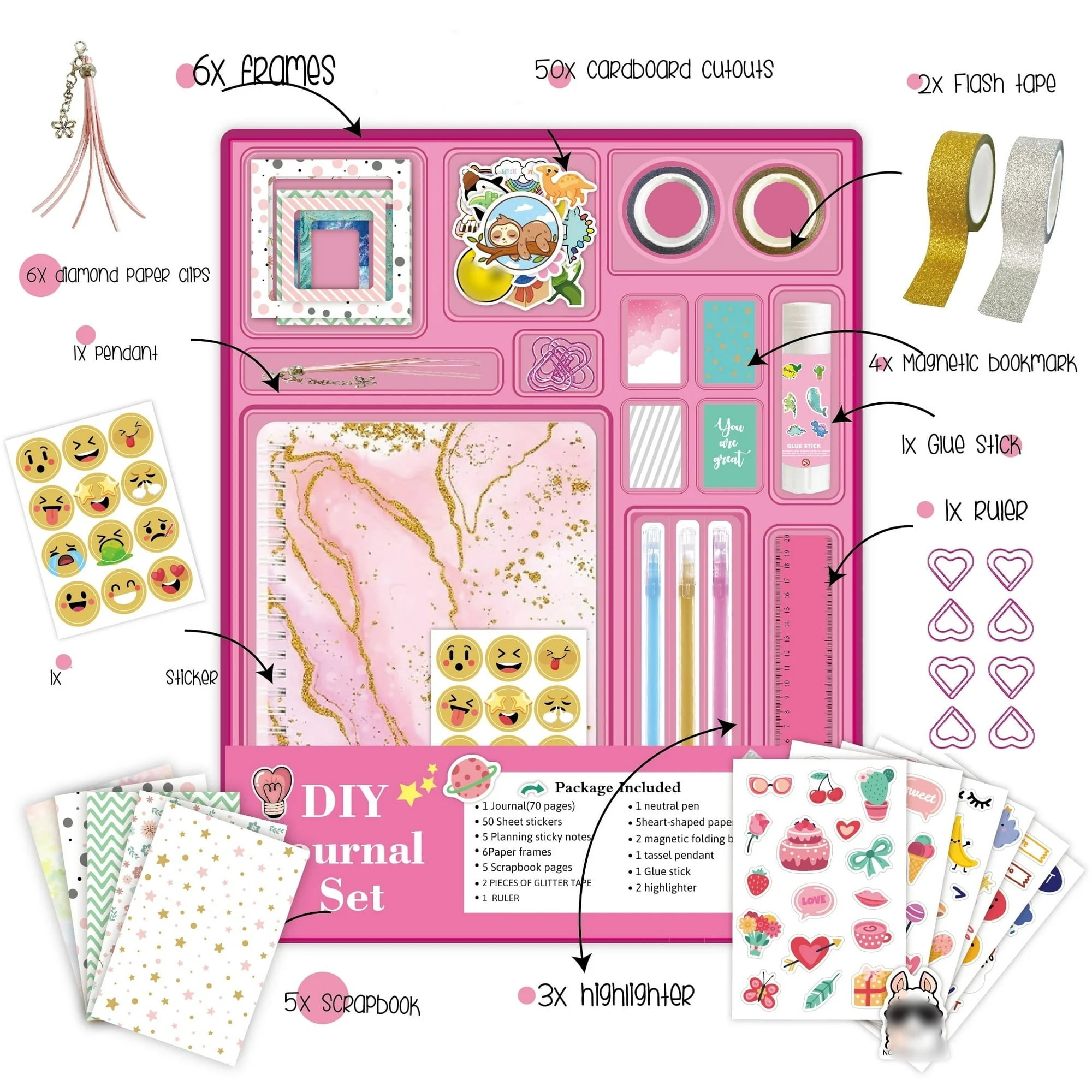 DlY Journal Kit for Girls,48 Pcs Diary Suppies Set,Jouraling Art Crafts Kits,Birthday Gifts for 8-12 Year Old Teen Girl(Pink)