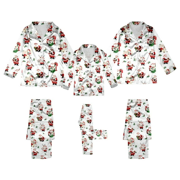 Family Pajamas Christmas Silk Christmas Pjs Long Sleeve Cartoon Print Button down Festival Party Sleepwear Mommy and Me Matching Pajamas Kids Matching Christmas Pajamas