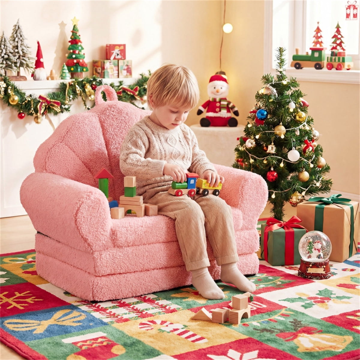 2-in-1 Flip Open Kids Sofa Lounger, Teddy Fleece Toddler Couch with Carry Handle, Converts from Sofa to Lounger, Removable Washable Cover, for Ages 3-8 (Pink)