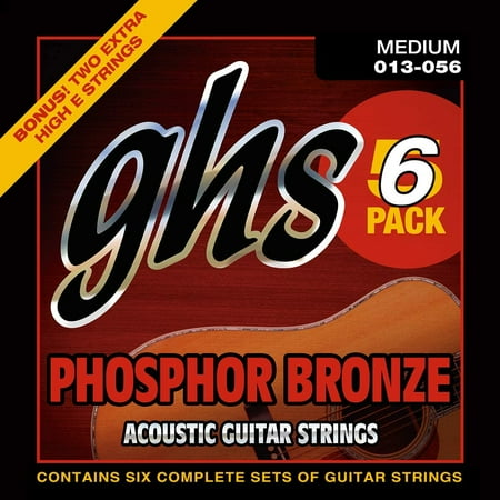 GHS Strings S335-5 Phosphor Bronze Acoustic Guitar Strings, Medium, 6 Pack (.013-.056)