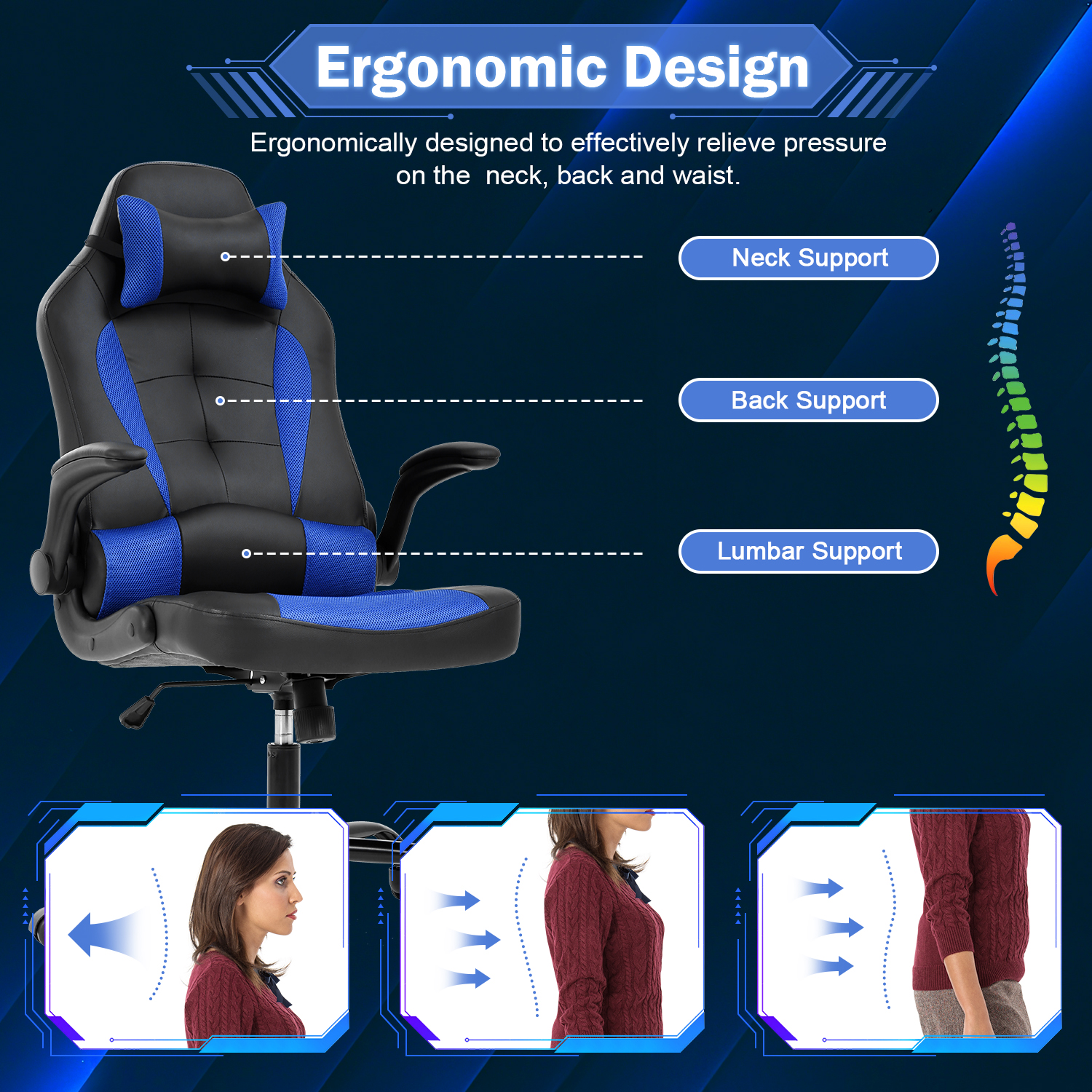 Video Game Chair High Back Gaming Chair PU Leather Racing Chair with Headrest Lumbar Support & Flip-up Arms , Adjustable Gamer Chair for Adults & Kids, Blue