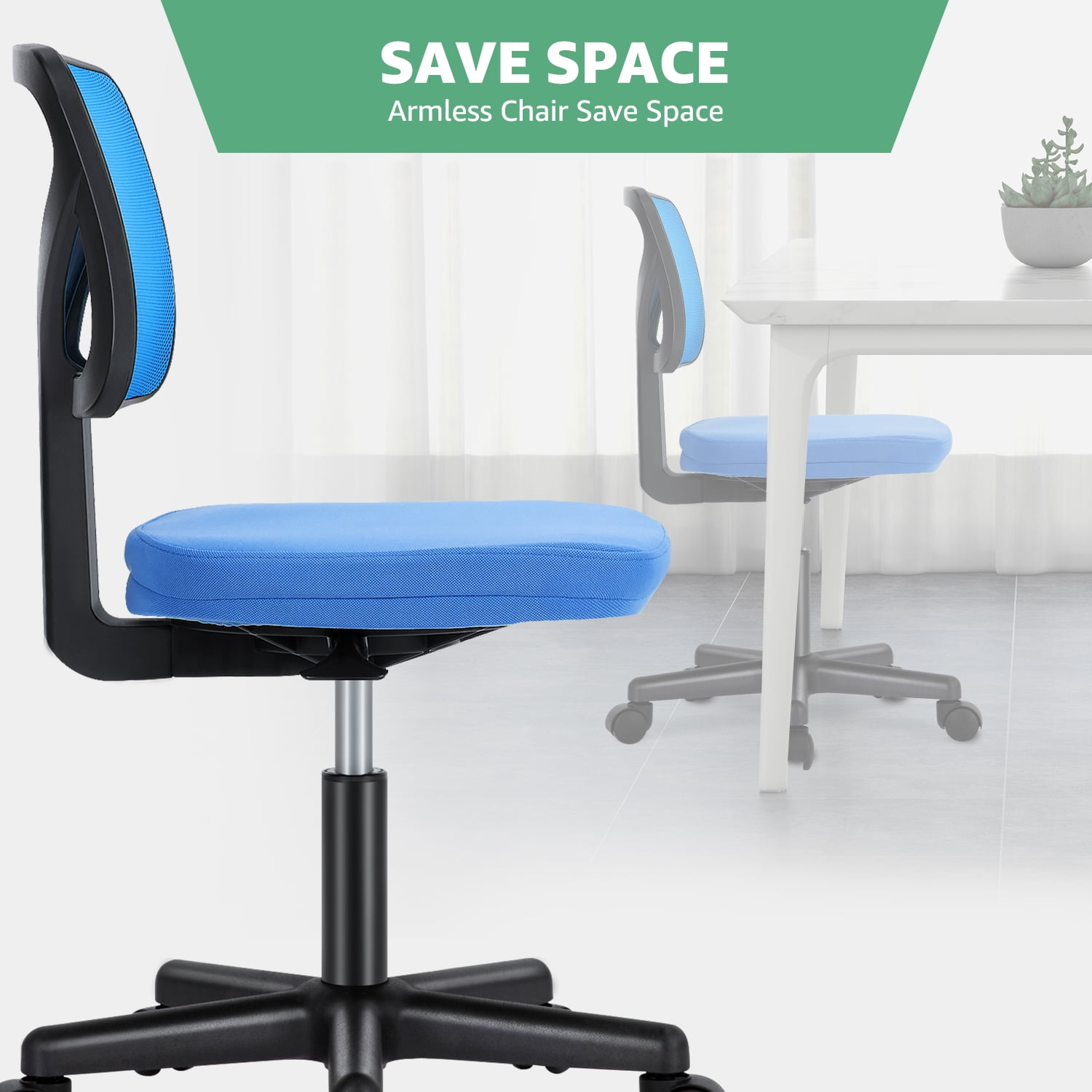 JOINSUN Armless Desk Mesh Office Chair, Adjustable Height Ergonomic Low Back Vanity Task Desk Chair with Wheels, Blue