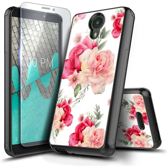 BLU Wiko Ride Case, AT&T Radiant Core, Cricket Icon with Tempered Glass Screen Protector (Full Coverage), Hybrid Defender Protective Shockproof Rugged Durable Case (Flower)