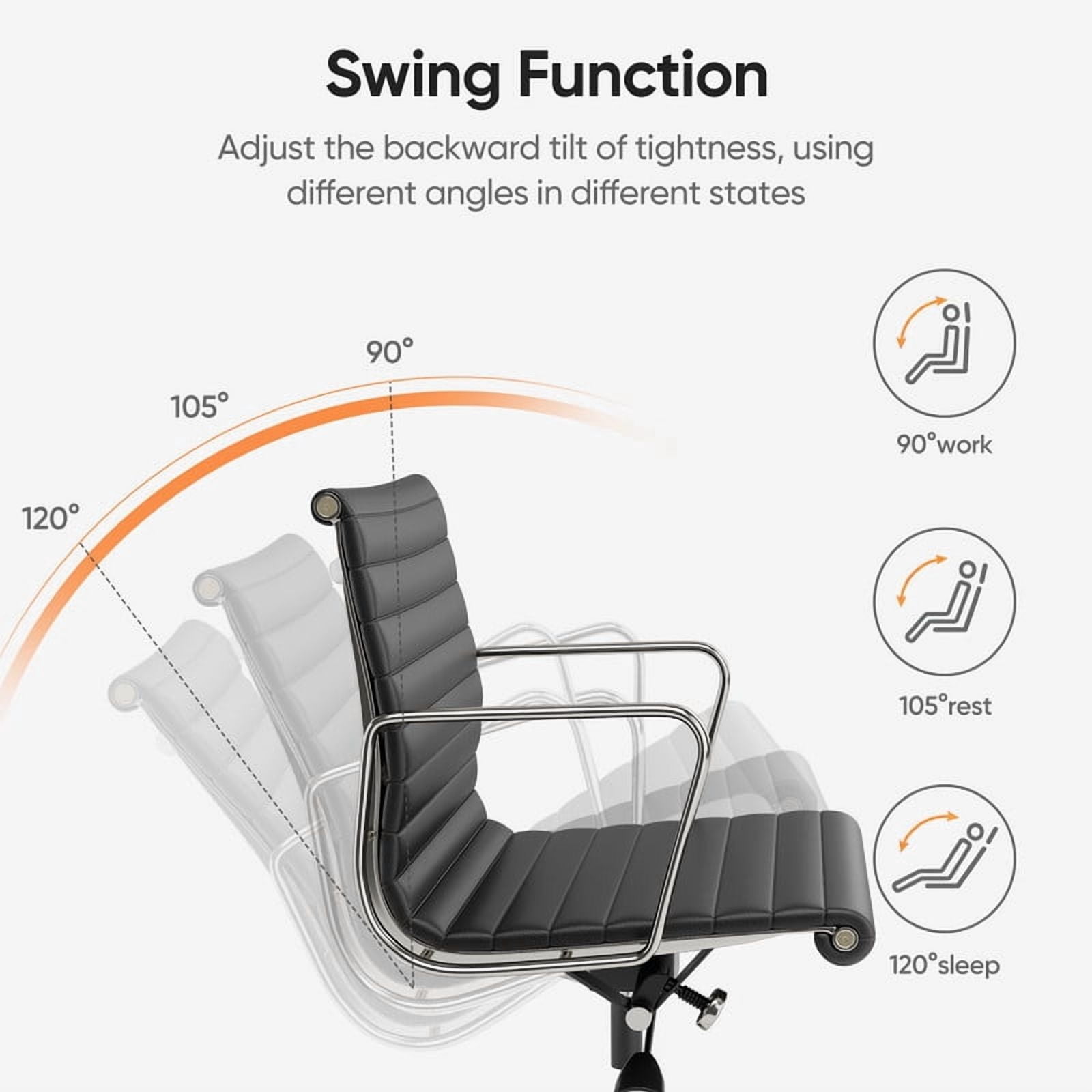 Cottinch Ribbed Office Chair Mid Back Genuine Leather Ergonomic Desk Chair with Arms, Adjustable Height Executive Conference Task Chair Swivel Chair for Home Office, Black