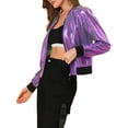 thumbnail image 5 of MODA NOVA Juniors Halloween Costume Casual Stand Collar Metallic Zip Crop Length Bomber Jacket Purple-1 L, 5 of 7