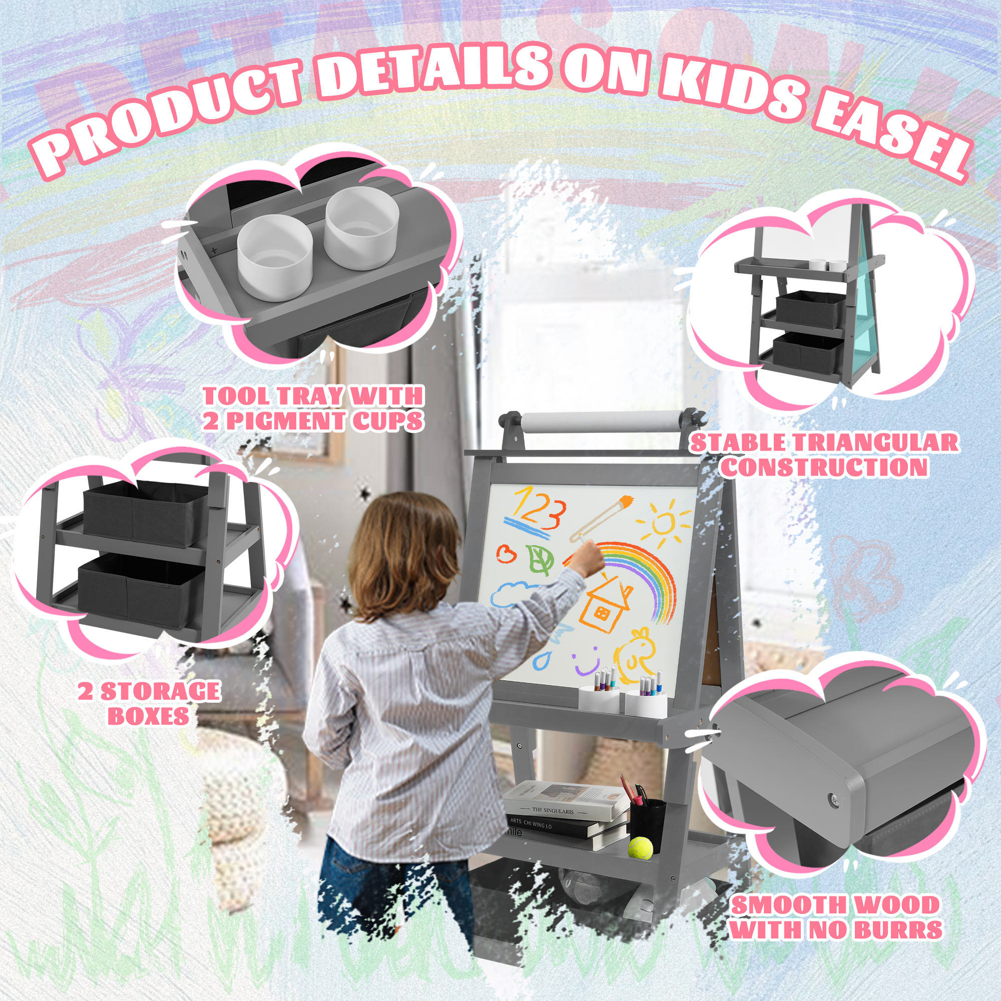 Signature Fitness 3-in-1 Kids Art Easel，Double-Sided Wooden Easel，with Chalkboard, Whiteboard, Paper Roll, 2-Tier Rack & 2 Storage Boxes