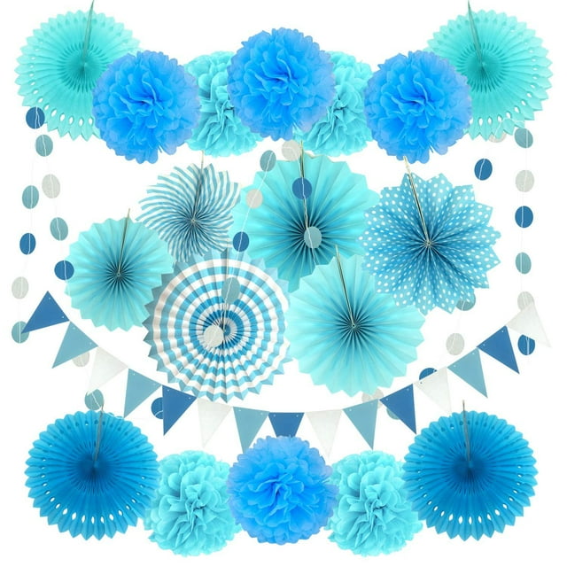 20 piezas decoración de fiesta de abanico de papel, abanicos de papel colgantes azules, flores de pompones