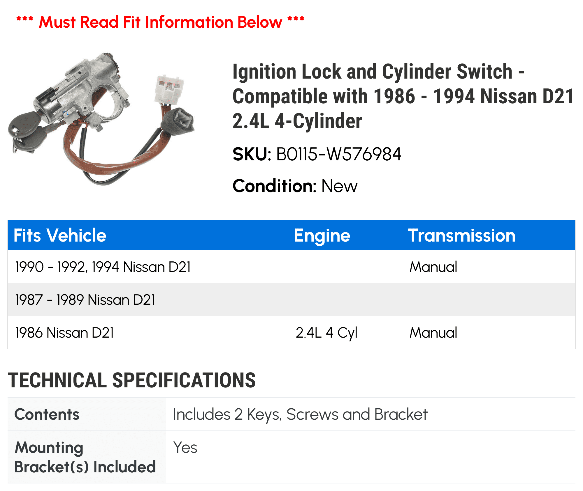 Ignition Lock and Cylinder Switch - Compatible with 1986 - 1994 Nissan D21 2.4L 4-Cylinder 1987 1988 1989 1990 1991 1992