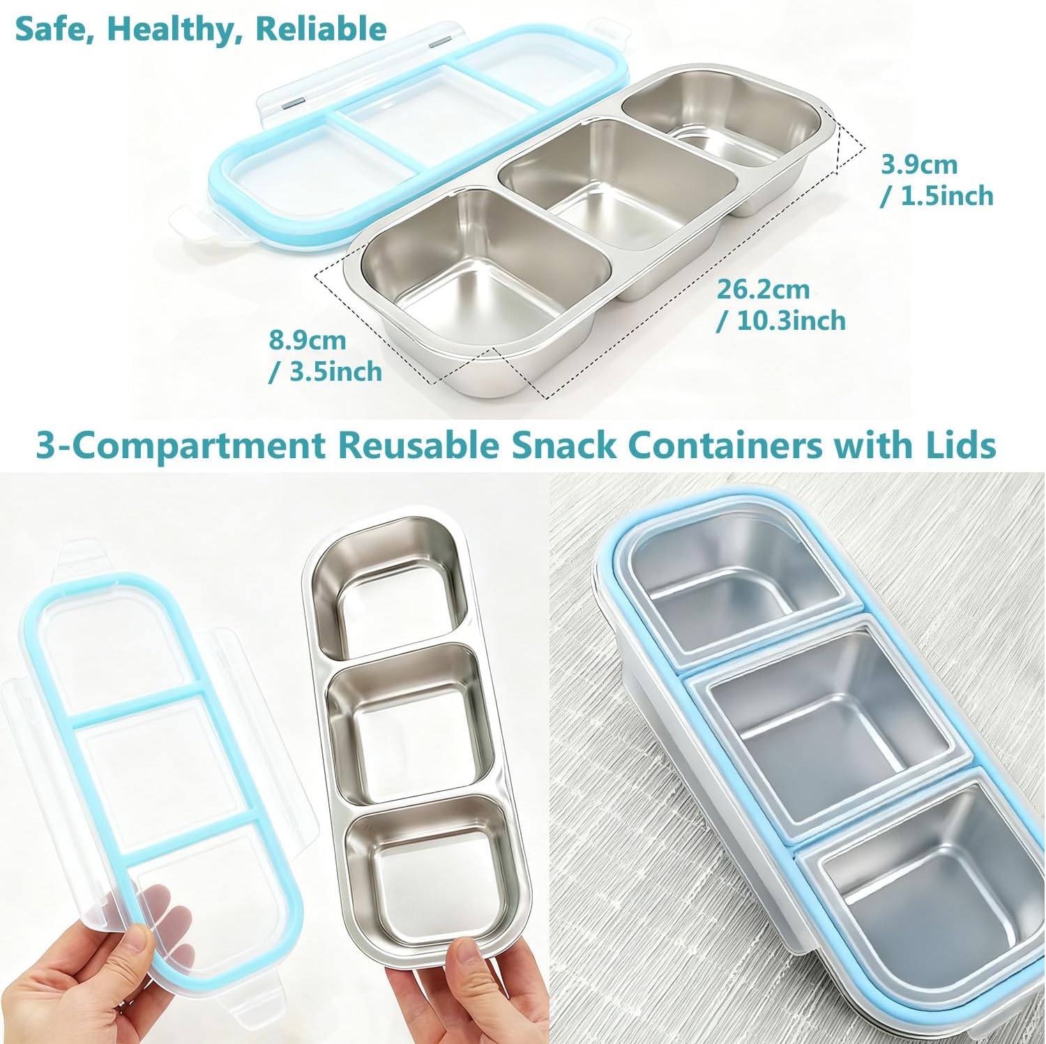 4Pack Food Storage Containers with Airtight Lid, Stainless Steel Snack Containers, Leak Proof Metal Lunchbox with Compartment and Spoon, Lunch Box Bento Box for Home ,Office, Travel, Meal Prep, Blue