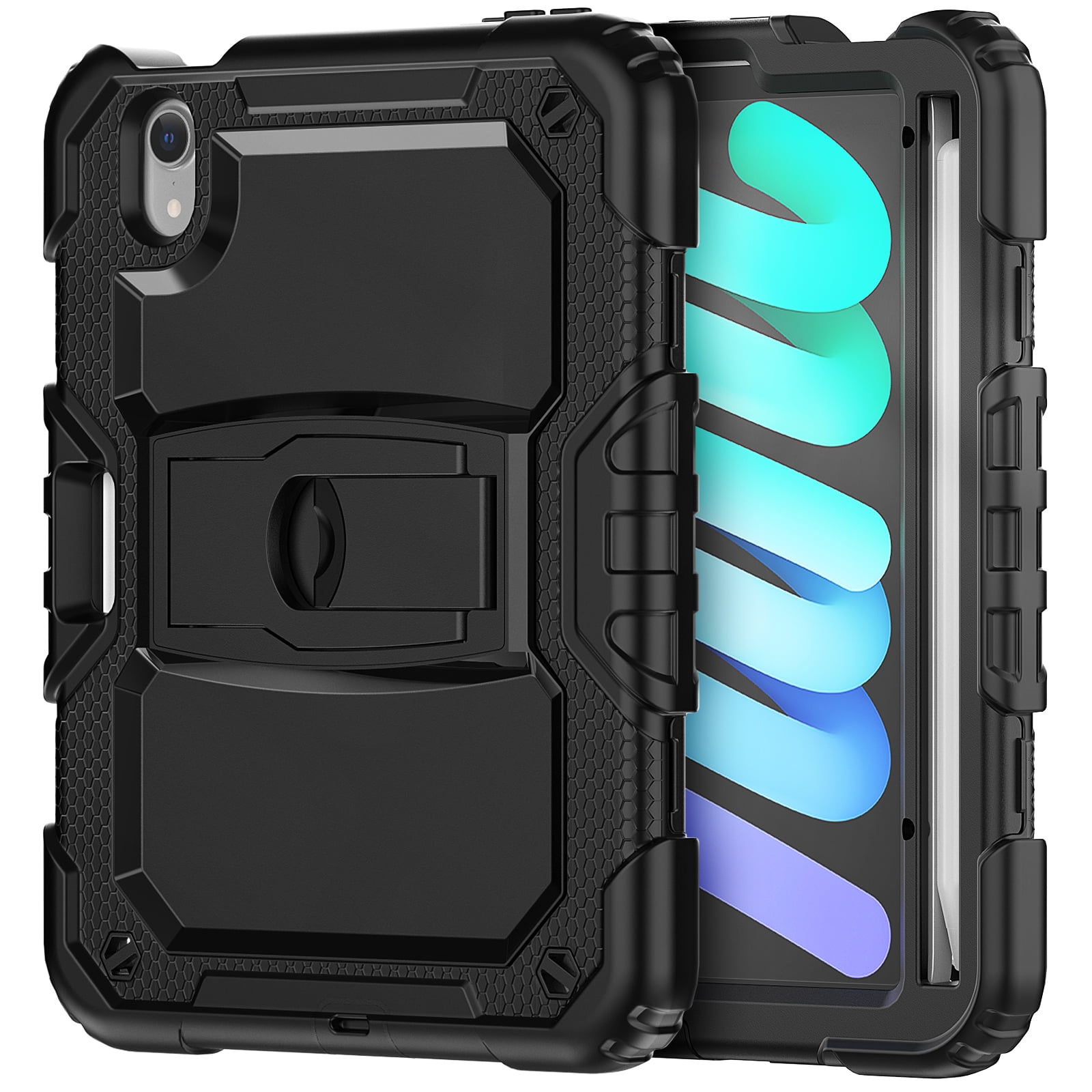 for iPad mini 6th Gen 8.3" 2021 Case with PET Screen Protector + Pencil Holder + Stand + Shoulder Strap | Heavy Duty Protection 3 Layer Silicone PC Case for iPad mini 6th Generation | Black