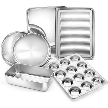 Vesteel 6-Piece Nonstick Bakeware Set, Stainless Steel Baking Pans Set for Oven, Include 8 inches Round Cake Pan/Rectangle Baking Cookie Sheet/Muffin/Loaf Pan, Non-Toxic & Heavy Duty, Dishwasher Safe