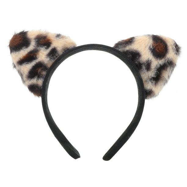 Diadema con orejas de gato y estampado de leopardo para mujer, accesorio para el cabello con orejas de animal esponjosas, ideal para cosplay, festivales y fiestas